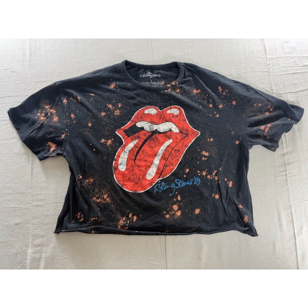The Rolling Stones '89 Tongue Graphic T-Shirt Custom Bleach Byed Crop - Size L